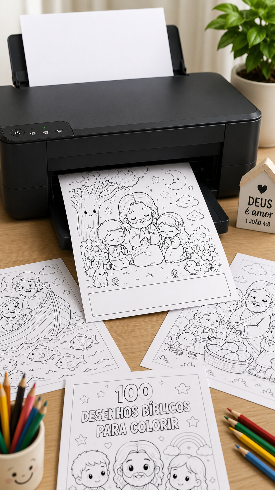 Prévia de desenhos bíblicos para colorir saindo da impressora